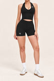 Playtimezover Purple Label black halter crop top and biker short set front view